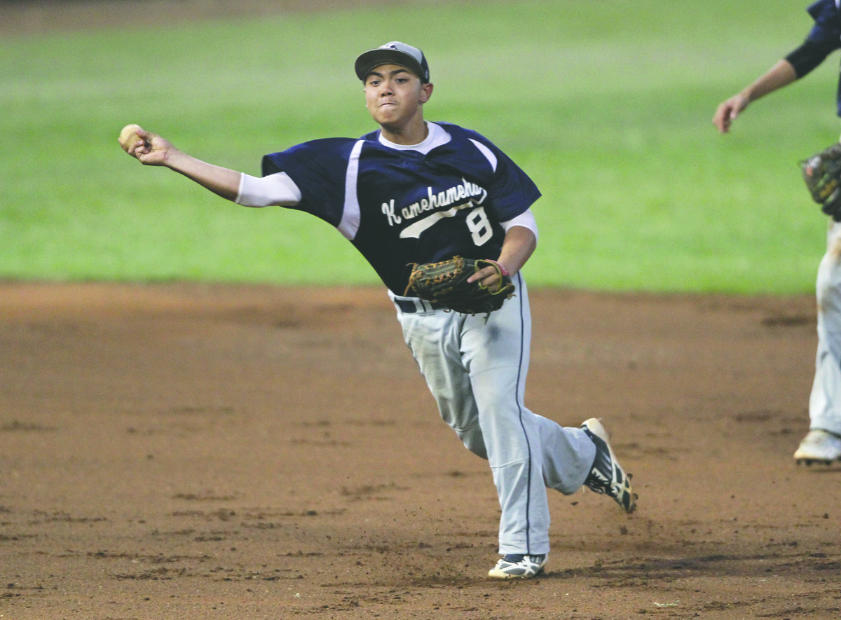 JAY METZGER/Tribune-Herald Kamehameha's Bronson Pulgados makes a play in the infield Saturday.