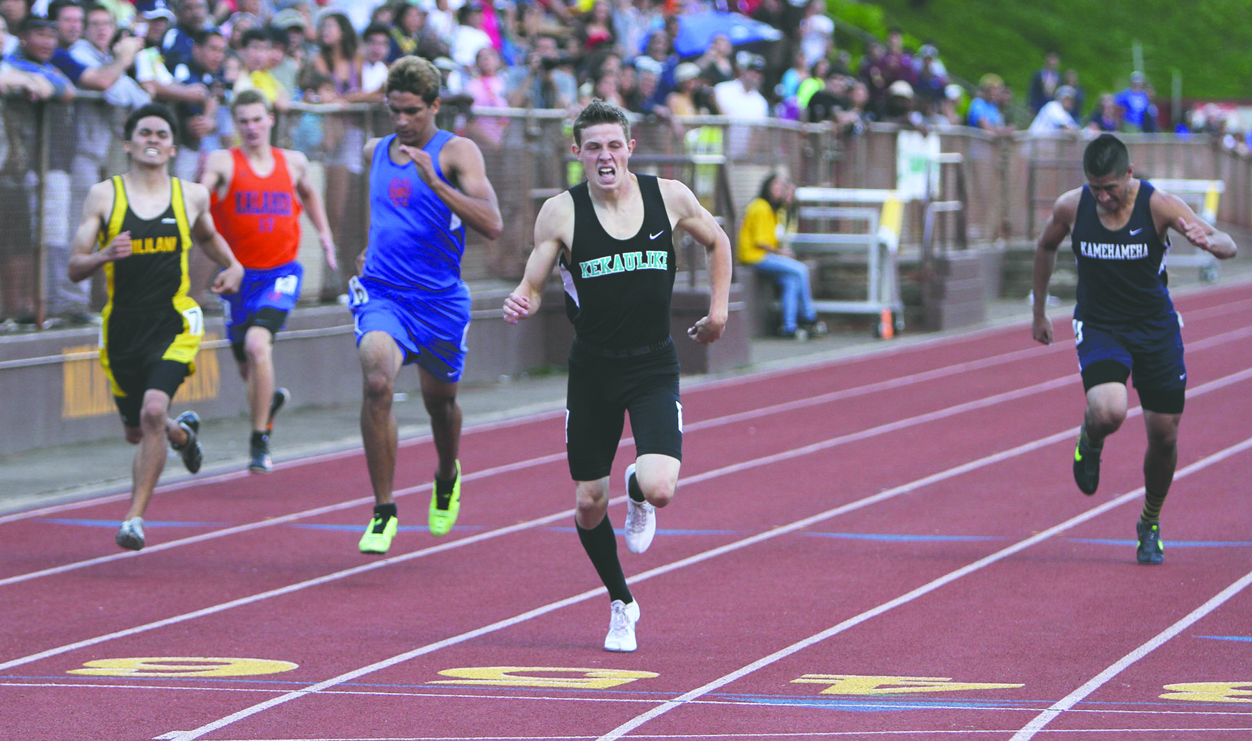 JAY METZGER/Tribune-Herald King Kekaulike's Jake Jacobs wins the 400 on Saturday with Christian Liberty's Kekoa Mundo, third from left, finishing second.