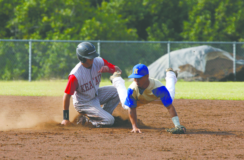 R.W. SMITH/Tribune-Herald Keaau's Jonathan Segovia is safe at second as Hilo's Micah Kaaukai fields a throw.