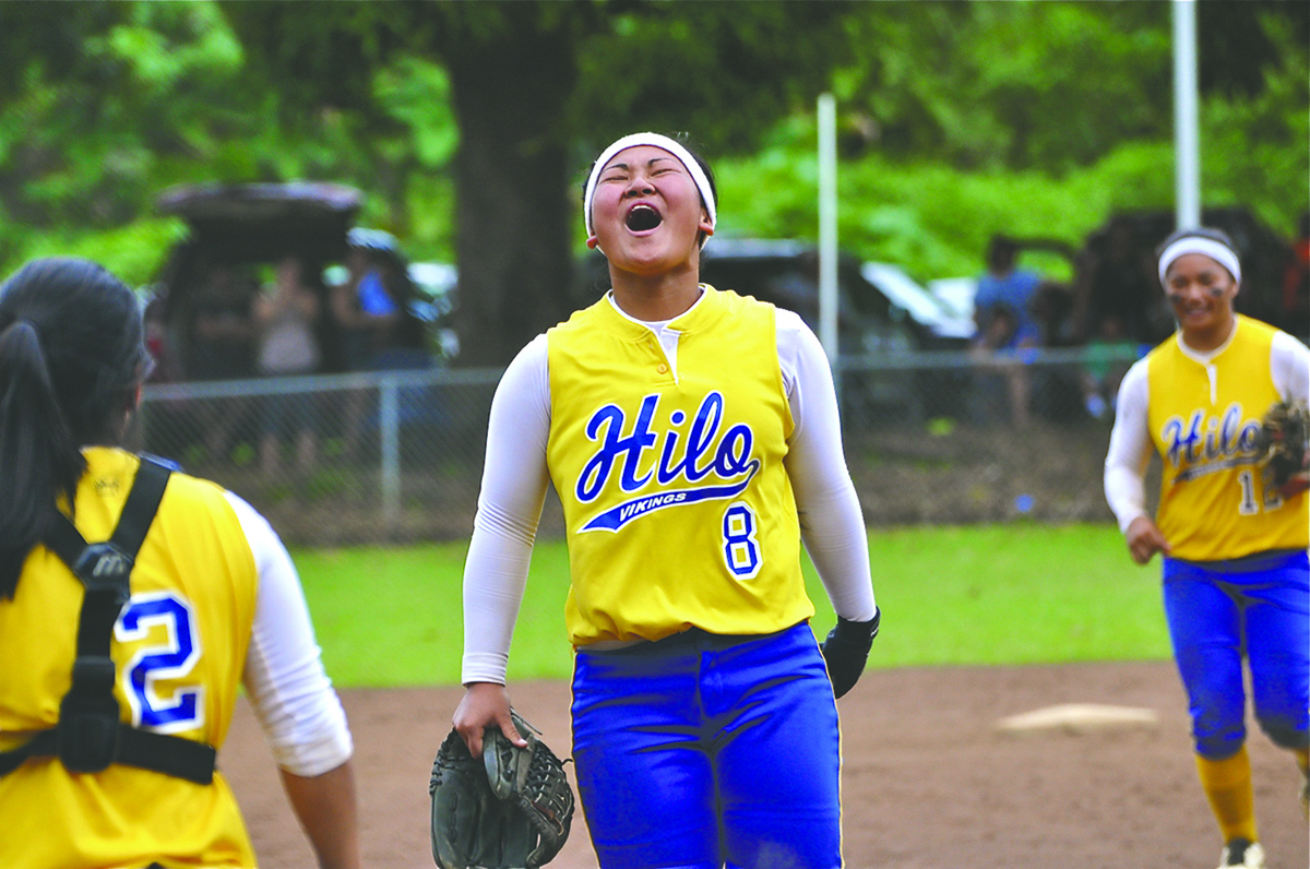 JARED FUJISAKI photo  Aliesa Kaneshiro celebrates after Hilo wrapped up its second consecutive BIIF Division I championship game.