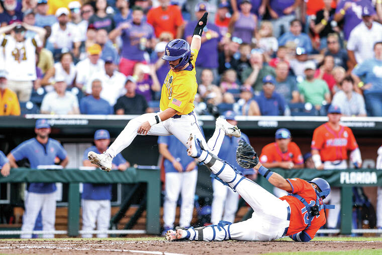 Floyd fans 17 and Beloso's HR in 11th gives LSU a 4-3 win over Florida in Game  1 of the CWS finals