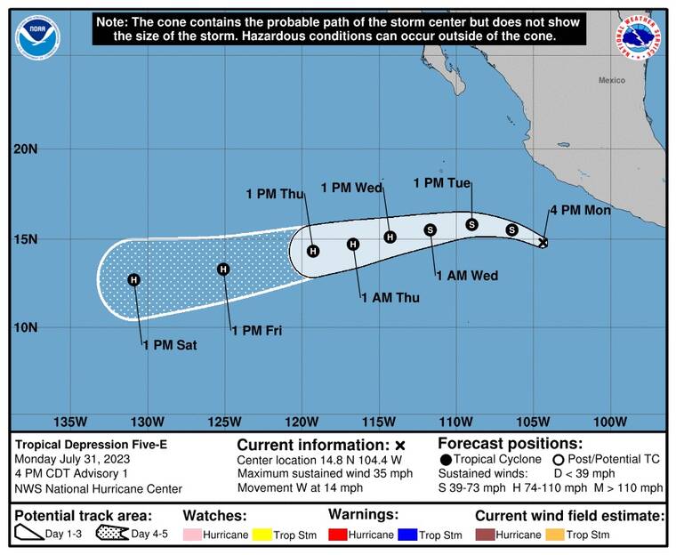 Tropical Depression FiveE develops in Eastern Pacific, is forecast to